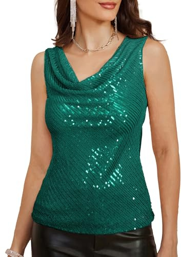 GRACE KARIN Femmes Haut à Paillettes sans Manches Col Bénitier Soirée Fête Blouse Brillante Extensible Doublée