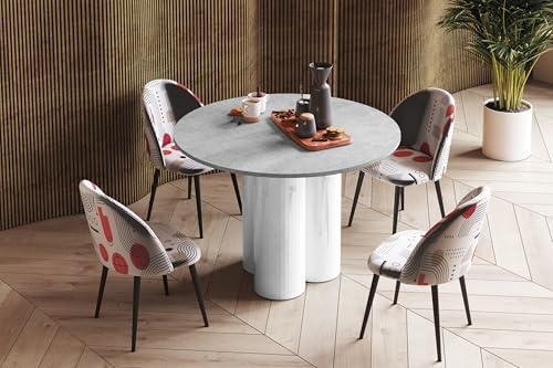 Design Esstisch rund HRE-111 Beton/Weiß Hochglanz 100 x 75 cm runder Esszimmertisch Küchentisch rund Funktionstisch Round Kitchen Table Esszimmer Dining Table Rundtisch