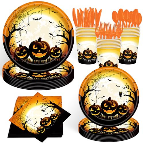 140Pcs Halloween Party Supplies Paper Plates and Napkins Pumpkin Themed Tableware Set Halloween Party Dinnerware plates,for 20 Guests
