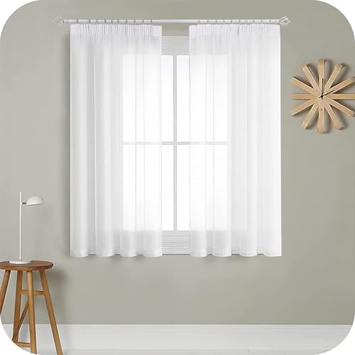 MRTREES Gardinen mit Kräuselband kurz transparent Gardinen Wohnzimmer 120X140 cm (HXB) Vorhang weiß Gardine Wohnzimmer Modern 2er Set Vorhänge für Schlafzimmer Mädchen küche bedroom