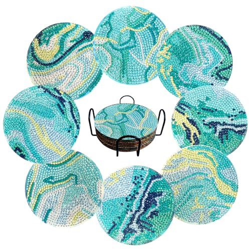 Vicglory 8 Stück Diamond Painting Untersetzer, DIY Diamond Painting Untersetzer Kinder mit Halter, Ocean Wave 5D Diamond Art Painting Untersetzer Kits für Erwachsene Kinder Anfänger