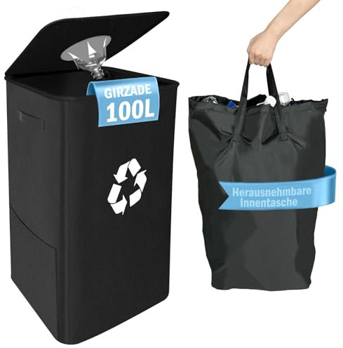 GIRZADE Recipiente para botellas de depósito de 100 litros con tapa, gran recipiente de almacenamiento para vacío y vidrio usado, ideal para cocina y trastero (negro, 100 L)
