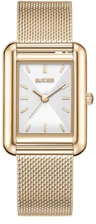 BURKER Damenuhr Olivia, Quadratische Damen Armbanduhr Milanaise-Armband Edelstahl Analog Quarz 3-ATM Wasserdicht - 29 mm - Gold Weiß