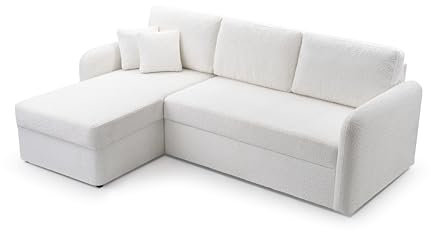 FurniShop24 Ecksofa L-Form mit Schlaffunktion und Stauraum - Eckcouch mit Ottomane, Klappsofa für Wohnzimmer, Modernes Design Schlafsofa Tony - Weiß