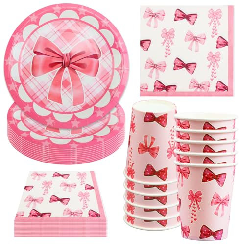 Hmfmdy Juego de vajilla de fiesta de lazo rosa, 40 unidades, decoración de fiesta, juego de vajilla de cumpleaños con platos de papel, vasos, servilletas, suministros para fiestas de compromiso,