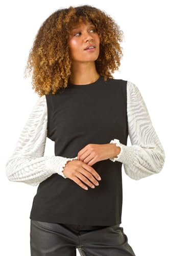 Roman Originals 2 in 1 Print Mesh Sleeve Top for Women UK - Ladies Everyday Autumn Winter Round Neckline Comfy Soft Evening Vacation Work Party Night Out - Noir - Size 16