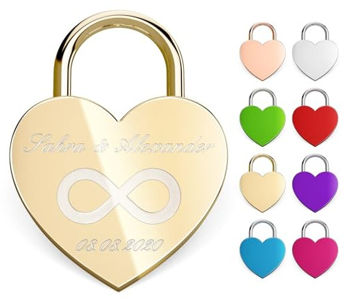 Metzler® Herzschloss mit Gravur und Schlüssel in Gold – personalisierbar mit Namen, Datum und Motiv – wetterfestes Vorhängeschloss für Paare, liebevolles Geschenk zu Valentinstag oder Hochzeit