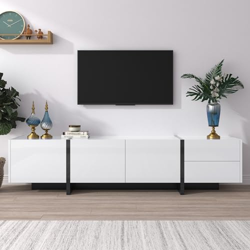 LANTRO JS TV Unit, TV Stand 75 inch, Large White TV Unit for Living Room, White TV Stand Cabinet with Storage Cabinet and Drawers, Easy Assembly
