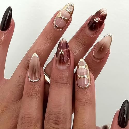 24PCS Stiletto Almond Press on Nails with Glue – Handmade Acrylic False Nails with 3D Gold Texture – Medium to Long Length, Easy DIY Manicure