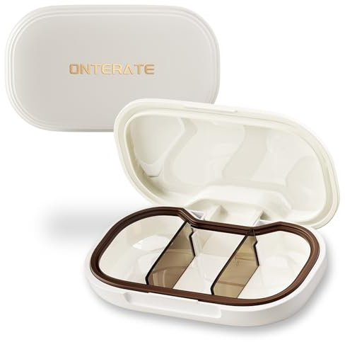 ONTERATE Kleine Pillendose, 3 Fächer Kleine Pillendose für Die Handtasche, Herausnehmbare Trennwand, Feuchtigkeitsbeständige, Tragbare Mini Pillen dose, Medikamentenbox für Vitamine (Weiß)