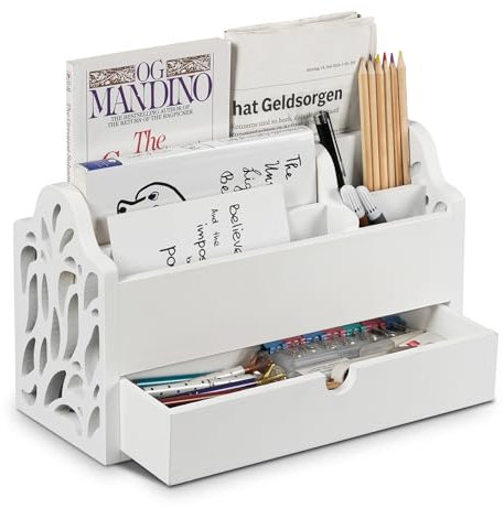 Optyuwah Schreibtisch Organizer aus Holz mit Schublade,Briefablage mit Schublade Schreibtischablage-Büro-Organisation,Ablage,Stiftehalter Dokumentenhalter,Postablage weiß
