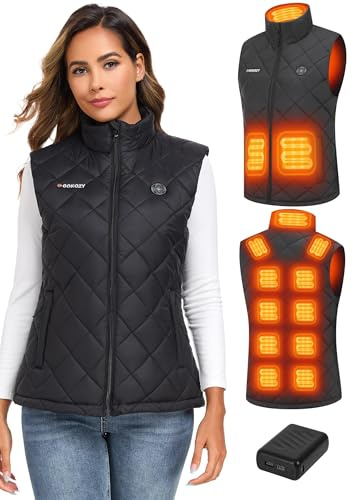 Gokozy Heizweste Damen 15 Heizzonen mit 12V 20000mAh Powerbank Beheizbare Weste mit 3 Einstellbar Temperatur,Wärmeweste Jacke Mit 5-in-1 intelligenter Schalter
