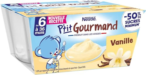 Nestlé - P’tit Gourmand Vanille - Crème Dessert Gourmande pour Bébé 6 Mois+ - Alimentation Bébé au Lait Entier Français - Moins Sucré - Source de Calcium - Sans Colorant ni Conservateur