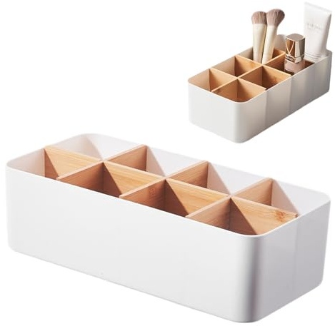 8-Slot Desk Organiser, White Bamboo Pen Holder for Office Supplies, Remotes, Cosmetics & Craft Tools - Modular Storage Solution for Work Desks, Bedroom Dressers & Living Room TV Units