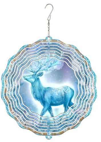 Windspiel mit Hirsch, winterliche Schneeflocken, Wirbel, Winter, blau, Metall, kinetische Windskulpturen, Outdoor-Ornamente für Garten, Hof, Terrasse, Rasen, Party-Dekoration, 30,5 cm