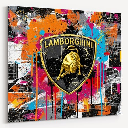 Dekomundo Ikonische Sportwagen Marken Leinwandbild für Garage, Männerhöhle, Wohnzimmer, Büro | Deko für Autofans | Exklusive Wandbilder, Abstract Lambo, 80x80 cm