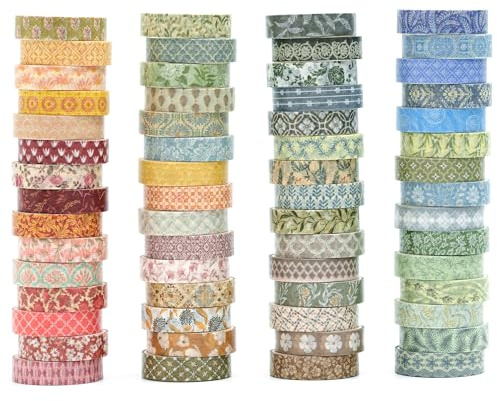YUBX 60 Rolls Washi Tape Set, 10mm Wide Geometric Elegance Skinny Decorative Masking Tapes for Arts, DIY Crafts, Journals, Planners, Scrapbook, Wrapping (Bygone Days)