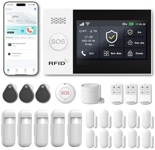 Alarmanlage Haus WLAN + 4G ohne Monatsgebühr, 4,3 Touchscreen, App-Steuerung mit SMS & Batteriewarnung – Sicherheitssystem für Haus & Alarmanlage Wohnung, Alexa kompatibel (Lot de 24 Articles)
