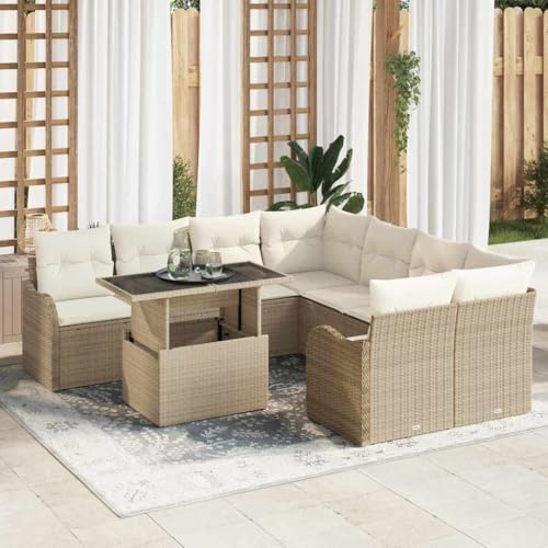 Mandloder Gartensofa-Set, 9-teilig, Beige Poly-Rattan, modular, mit Kissen, pulverbeschichtetem Stahlrahmen, UV-beständig, für Terrasse und Balkon, Dining-Set