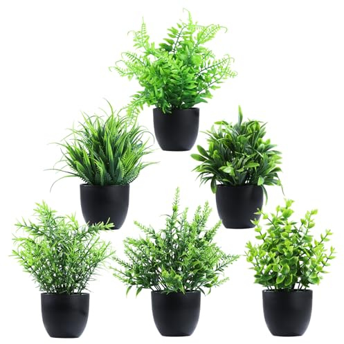 Clearain Fake Plants 6 Packs Artificial Plants Small Faux Plants Black Bathroom Accessories for Bathroom Home Kitchen Coffee Table Office Desk Decor Indoor (Black)