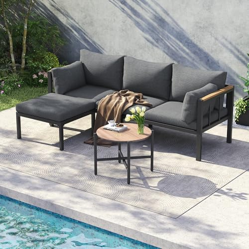 ZIDEY Gartenmöbel Set - 3er Sofa + Couchtisch + Fußhocker - Sitzgruppe Set Essgruppe, Balkonmöbel für Garten, Balkon, Terrasse, Grau