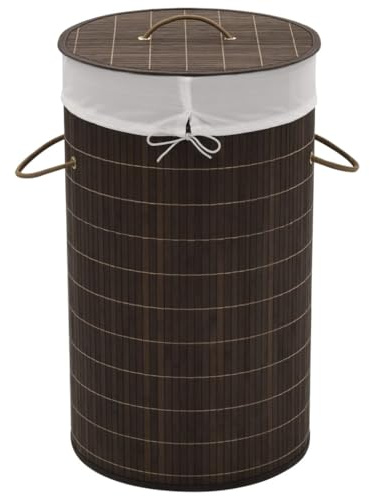 vidaXL Round Bamboo Laundry Bin - Dark Brown, Removable Polyester Inner Bag, Portable with Handles, Foldable, Multifunctional Storage Solution