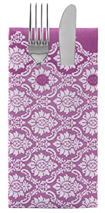 Sovie HORECA Airlaid Besteckserviette MANDY in AUBERGINE – 40 x 40 cm, 1/8 Falz, 100 Stück – mit patentiertem Besteckschlitz – Ornament-Blütendesign - Ideal für Gastronomie & Events
