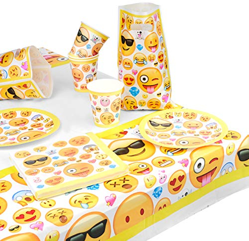 MATANA 76-Pcs Vaisselle de Fête de Anniversaire Emoji Smiley pour Garçons & Filles - 15 Assiettes, 15 Gobelets, 15 Pochettes, 30 Serviettes & 1 Grande Nappe