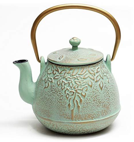 Tea Kettle, Toptier Japanese Cast Iron Teapot with Stainless Steel Tea Infuser, Durable Cast Iron Kettle Set, Retro Design Tea Kettle Coated with Full Enameled Interior (32 oz / 950 ml, Green)
