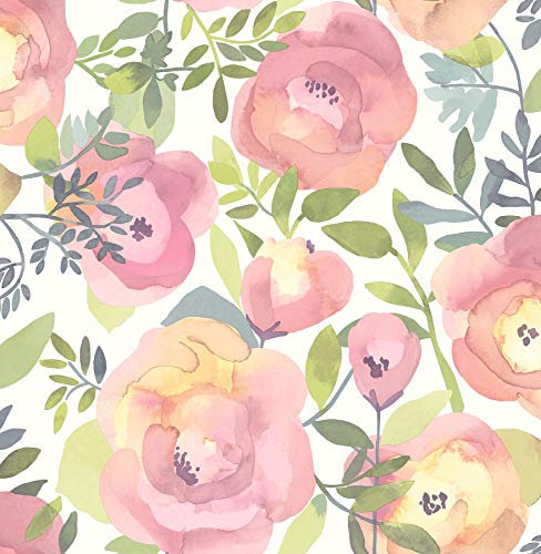 NuWallpaper NU3035 Peachy Keen Pink Peel & Stick Wallpaper, Green, pink, 216 x 20.5 x 0.13 inches