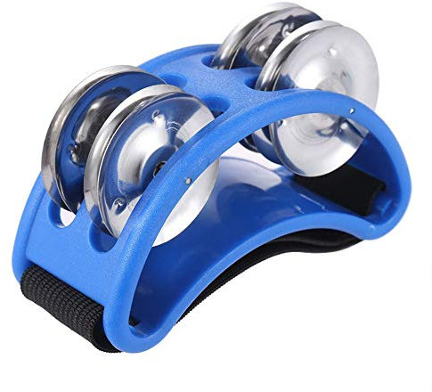 Musfunny Pandereta de pie instrumento musical de percusión con cascabel de metal de doble fila para guitarra, accesorio de batería de pie (azul)