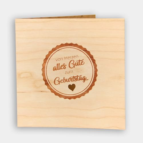Original Holzgrusskarte - Geburtstagskarte für besondere Glückwünsche zum Geburtstag aus Kirschholz - Geburtstagsbillet, Glückwunschkarte, Postkarte, Geschenkkarte (von Herzen alles Gute)