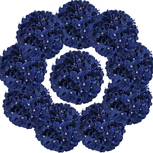 Flojery Testa di ortensie artificiali in seta con steli, per decorazione domestica e matrimonio, confezione da 10 (blu reale)