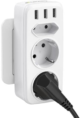 LENCENT Multipresa Schuko, 4000W Presa Alimentatore Salvaspazio con 3 USB, Caricatore Presa con 2 Schuko e 1 Spina EU, Presa Multipla Portatile per Famiglia, Cucina e Ufficio