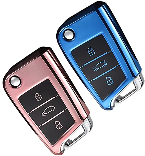 Yosemy 2 Stück Autoschlüssel Hülle Schlüssel Hülle Kompatibel für VW Golf 7 MK7 Polo Seat Skoda TPU Schlüsselhülle Cover 3 Tasten Auto Schlüssel Cover (Roségold+Blau)