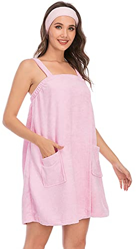 Jamron Damen Verstellbarer Handtuch Wickel Bademantel mit Stirnband für Sport, Dusche, Spa & Strand Cover Ups Rosa S