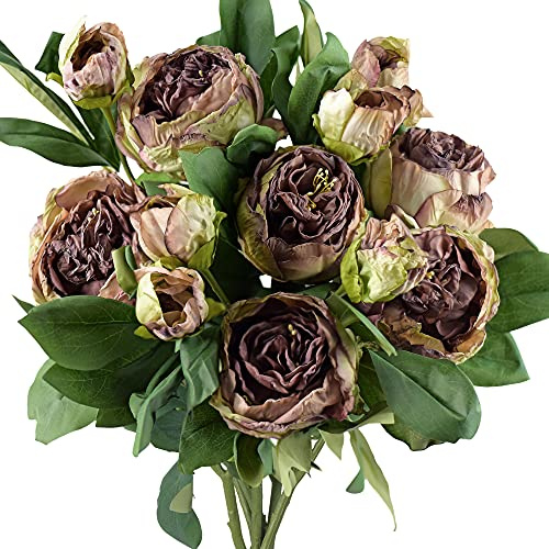 FiveSeasonStuff Vintage Walnut Brown Peonies Artificial Silk Flowers Arrangement with 6 Stems, Wedding Bridesmaids Bouquet Bridal Showers