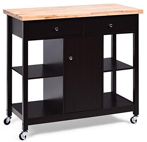 COSTWAY Kitchen Serving Cart, Rolling Utility Storage Trolley with Adjustable Shelf, Rubber Wood Tabletop and Lockable Wheels, Mobile Island Cart for Home Office Garage and Restaurant (Brown)