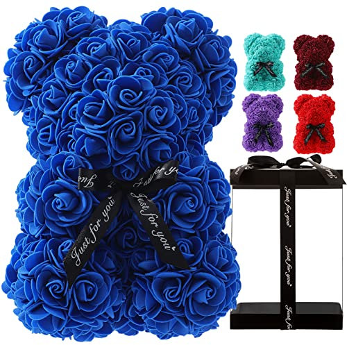 Rosenbär, handgefertigter Rosen-Teddybär, Geschenke für Freundin, Tochter, 25,4 cm, Rosen-Bär, Geschenke für Valentinstag, Muttertag, Weihnachten, Hochzeit, Jahrestag, transparente Geschenkbox, Saphir