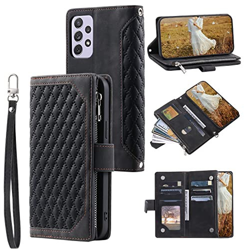 QLTYPRI Handyhülle für Samsung Galaxy A53 5G, Gesteppte Leder Hülle Wallet Case mit Handschlaufe für Frauen Kartenhalter Reißverschluss Brieftasche Handytasche Schutzhülle - Schwarz