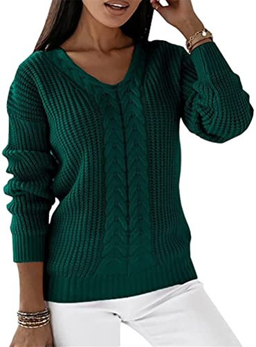 ORANDESIGNE Pull Femme Hiver Tricoté Chic et Elegant Sweater Hiver Col en V Manche Longue Sweatshirt Chaude et Épaisse Couleur Unie Chandail Pullover Décontracté Pulls Vert L