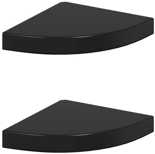 vidaXL Floating Corner Shelves - Set of 2 in High Gloss Black, Durable Honeycomb MDF and Metal Material, for Living Room, Bedroom, Office - 25x25x3.8 cm
