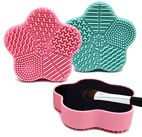 Lot de 2 tapis de nettoyage pour pinceaux de maquillage 2 en 1 en silicone - Boîte de nettoyage de couleur - Éponge sèche - Nettoyage rapide des pinceaux de maquillage