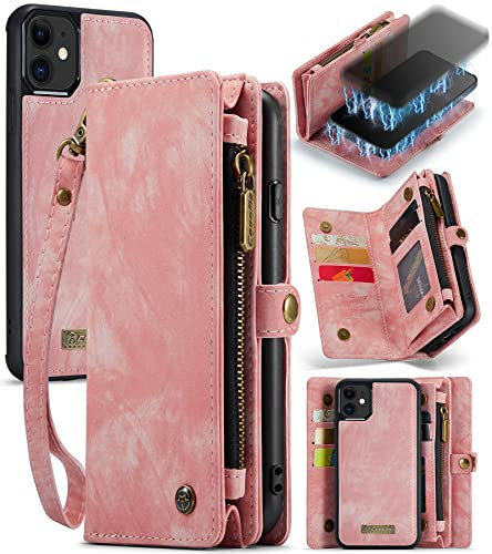 UFinetech Magnetic iPhone 11 Case Purse TPU Bumper Leather Card Holder Folio Lanyard Zipper Women Men Durable Luxury Stylish Portable 2020 Detachable 2-in-1 Wallet Cover Shell for iPhone 11 6.1 Pink