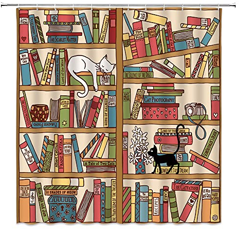 GCTNBJL Bücherregal Duschvorhang Bibliothek Katze Vintage pädagogisches Bücherregal lesbares Buch Holz Bücherregal Antik Haus Hippie Kunst Wand Badezimmer Zuhause Vorhang mit Haken, Rot Blau Braun