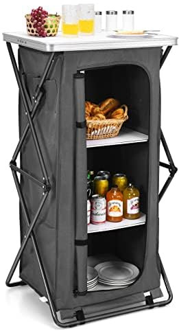 COSTWAY Folding Camping Cupboard, 90cm/120cm/139cm Tall Portable Storage Cabinet Organizer with 3 Shelves and Carry Bag, Quick Set-up Kitchen Table for Indoor Outdoor BBQ, Supports 30kg (63x45x120cm)