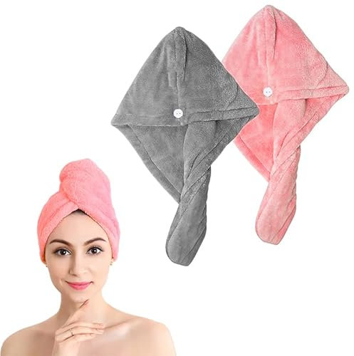Shakeel Mikrofaser Handtuch | Super Saugfähige Haarturban für Nasses Haar, Turban mit Knopf, Trockenhauben, Haarwickel mit Knopfen, Anti-Frizz, Rosa+Grau
