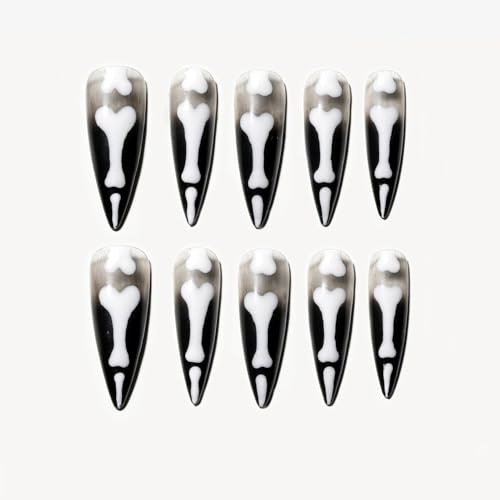 Sun&Beam Nails Handmade Press-On Nails Long Stiletto Black (#128 S) | Handmade 10-piece set in black and white with skeleton bone art and a glossy goth look