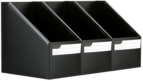 Marte Vanci Magazine File Holder Plastic Magazine Rack with Labels Foldable A4 Folder Holders Document Organiser for Desk Shelves Paper File Storage Organisation Black 3 Pack
