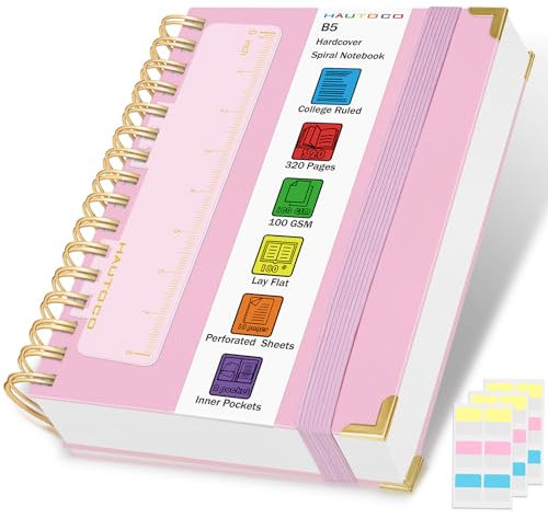 HAUTOCO Notizbuch B5 Liniert, Bullet Dot Journal, Spiral-Notizbücher 320 Seiten/160 Blatt, 100 gsm, Dickes Papier, Hardcover Notizbuch für Arbeit, Büro, Schule, Business, 25 x 17.6cm - Rosa